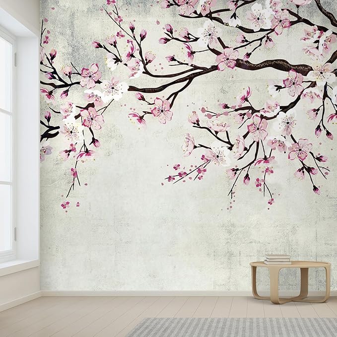 wall26 Wall Sticker/Wall Mural Watercolor Style Ink Painting Pink Cherry Blossom on Vintage, Not Peel and Stick, Non-Woven Wallpaper Decorative for Bedroom, Living Room, Office - 108x144 inches