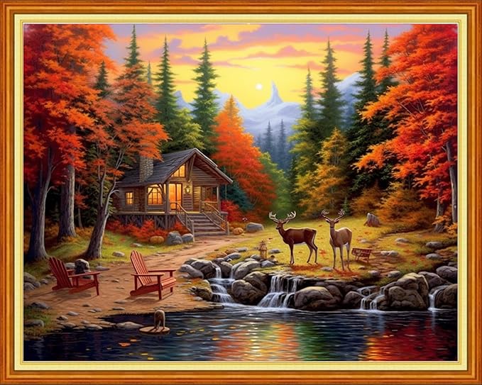 DMCVIVR Stamped Cross Stitch Kits for Adults Beginners Embroidery Kits 11CT Needlepoint Kits Cross Stitch Patterns Embroidery Patterns&Deep Autumn Scenery 16x20 inch