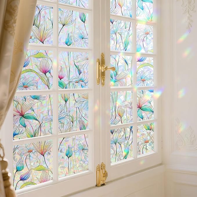 Donox Decorative Window Privacy Film, 3D Floral Stained Glass Window Film Static Cling Rainbow Privacy Sticker for Glass Door Heat Control Anti UV, No Adhesive (Magnolia,23.6 x 157.4 inches)