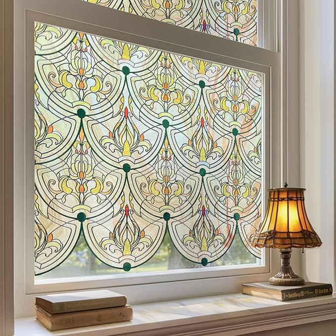 3D Stained Glass Window Film, Decorative Window Privacy Film for Bathroom,Front Door,Home, Sun Blocking Heat Control,Static Cling, Golden Ironwork 35.4inch x 78.7inch