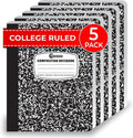 Rosmonde College Ruled Composition Notebooks 5 Pack, 200 Pages (100 Sheets), 9-3/4" x 7-1/2", White & Black Marble Composition Book, Hard Cover, Sturdy Sewn Binding, School, College & Office Supplies