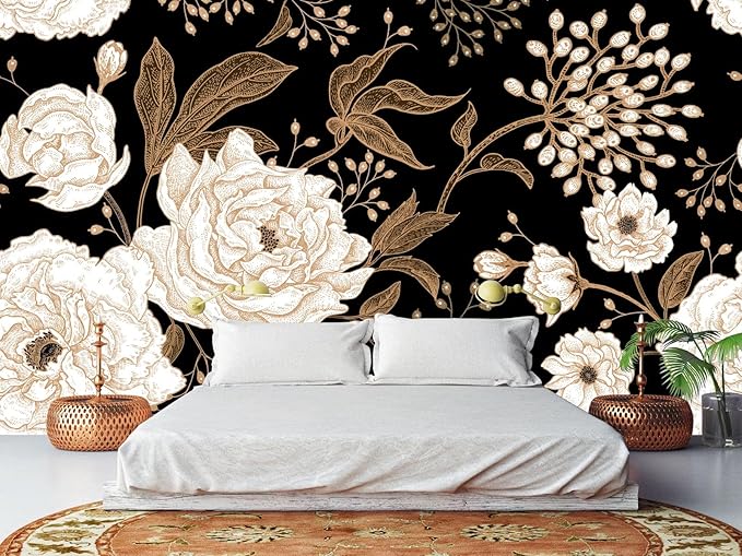 Wall Mural Peonies and Roses Floral Vintage Wallpaper Seamless Gold White Flowers Wall Coverings for Living Room Bedroom Kids Room（Not Peel and Stick）