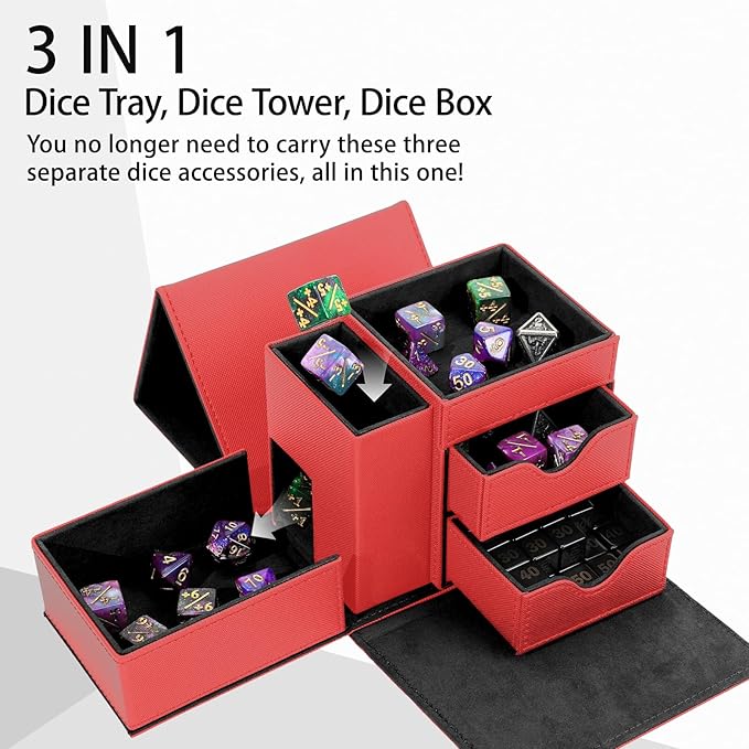 Dice Tray & Dice Tower Storage Box, 3 in 1 Dice Holder Case (Dice Rolling Tray, Rolling Tower, Storage Drawers), Leather Magnetic Closure DND Accessories Gifts for RPG MTG, Red/Black