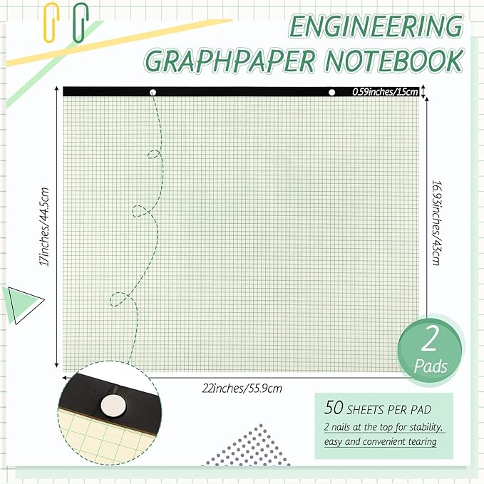 2 Pcs 22 x 17'' Large Engineering Paper Pad 4" x 4" Graph Paper Pad for Blueprint Drawings Drafting Paper Sketching Engineering Pad for Engineer Architect Designer Mathematician(Green Beige)