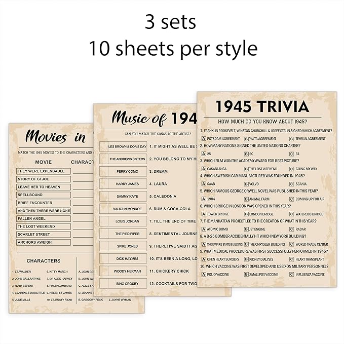 80th Birthday Party Games, Set of 3 Activities for 10 Guests, Born in 1945 Games Bundle, Birthday Party Supplies for Adults, Pack of 30 Cards
