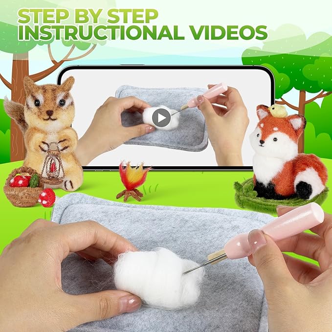 MOREJMTT Needle Felting Kit, 5 PCS Animal Needle Felting Beginner Kits, Wool Felt Needle Felting Tools Foam Pad, Craft Party Supplies for Beginners Adult(Forest Animals)