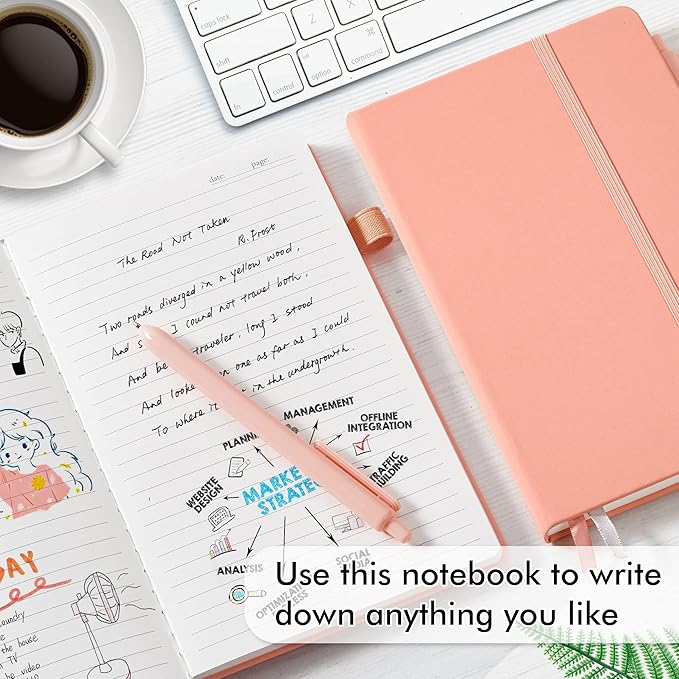 feela 5 Pack Notebooks Journals Bulk, Hardcover Classic Ruled Lined Journals with Pen Holder for Women Girls School Business Supplies, with 5 Black Pens, 120 GSM, 5.1”x8.3”, A5, Light Coral