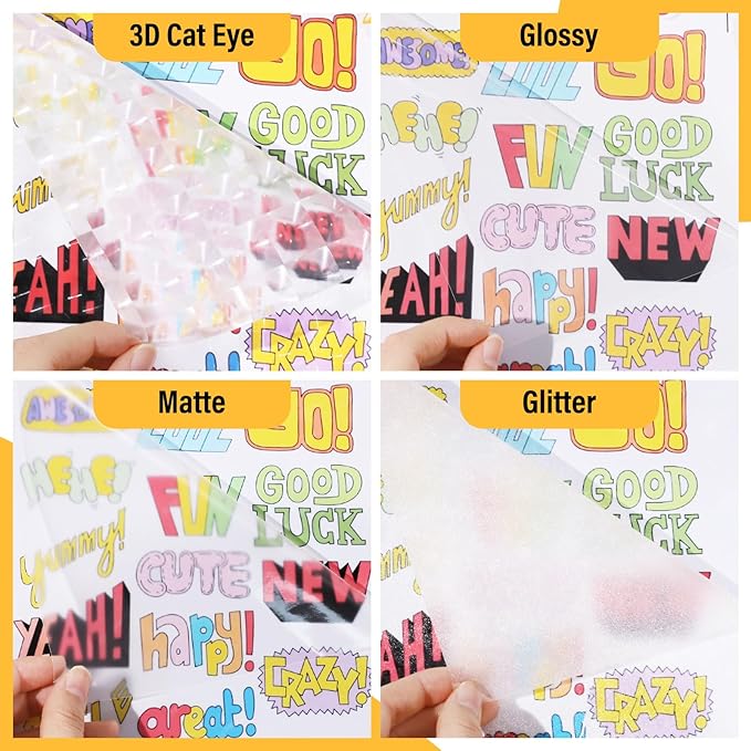 TECKWRAP Laminating Sheets Clear Vinyl Laminate Sheets Sticker Paper for Inkjet Printer Printable Vinyl Stickers, Photo Paper 8.26" x 11.69" A4 28 Sheets (3D Cat Eye, Glitter, Glossy, Matte)