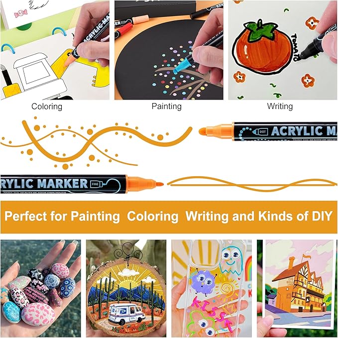 120 Colors Waterproof Dual Tip Acrylic Paint Pens, Dot & Fine Tip Premium Coloring Drawing Markers Set for Wood, Rock, Canvas, Glass, Ceramic Surfaces and DIY Crafts Making Art Supplies