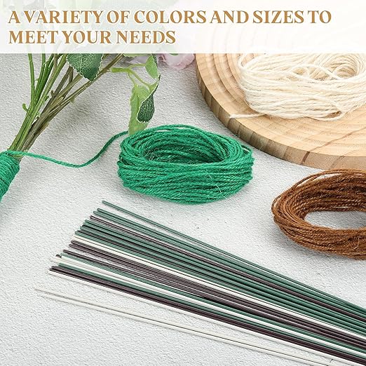 uxcell 100Pcs 2 Gauge Floral Wire, 11.81" Length Flower Stem Wires with 0.08" x 32.8ft Twine for Wreath Making, Flower Arrangement, Brown