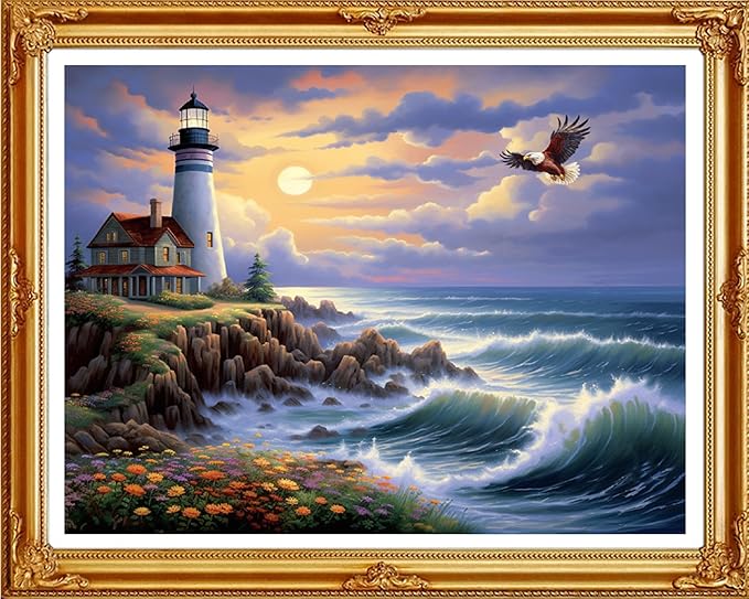 Redxing Stamped Cross Stitch Kits Full Range of Embroidery Starter Kits- Needlepoint Counted Cross Stitch Kits for Beginner Adults 11CT Printed Embroidery Kit-Seaside Lighthouse 16x20 inch