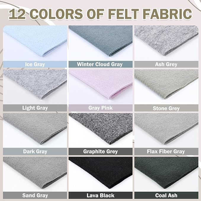 12 Rolls 8"x35"(20.5x90cm) 1.4mm Thick Soft Felt Fabric Sheet 12 Assorted White Grey Series Colors Felt Pack for DIY Craft Sewing Squares Nonwoven Patchwork