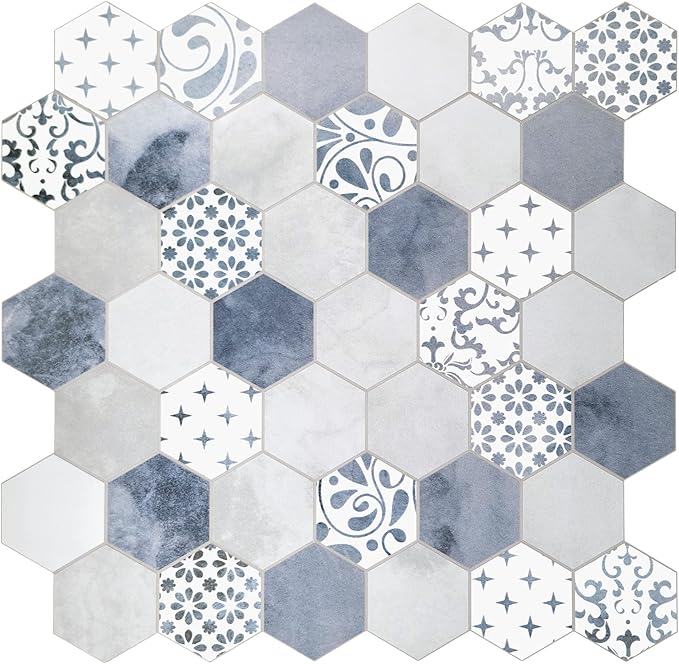 The Tiles Plaza 10-Sheet Peel and Stick Backsplash, Blue Cement Hexagon Stone Composite Marble Looks Self Adhesive Wall Tile, Stick On Tiles for Kitchen Bathroom Shower, Cover 9 Sq Ft.