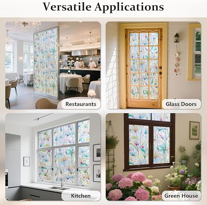 Donox Decorative Window Privacy Film, 3D Floral Stained Glass Window Film Static Cling Rainbow Privacy Sticker for Glass Door Heat Control Anti UV, No Adhesive (Magnolia,17.5 x 78.7 inches)