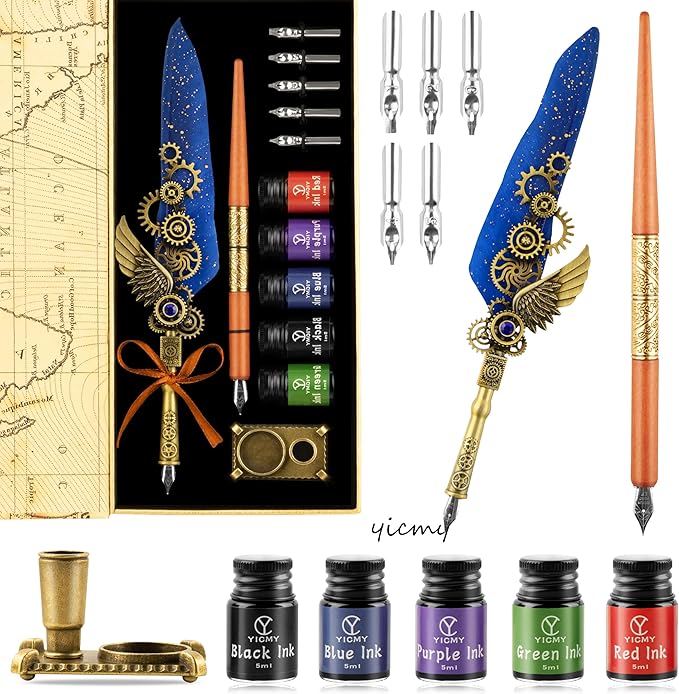Feather Pen and Ink Set Calligraphy Kit for Beginners with Quill Pen, Antique Vintage Stationary Set for Writing, Signing & Hand Lettering Art