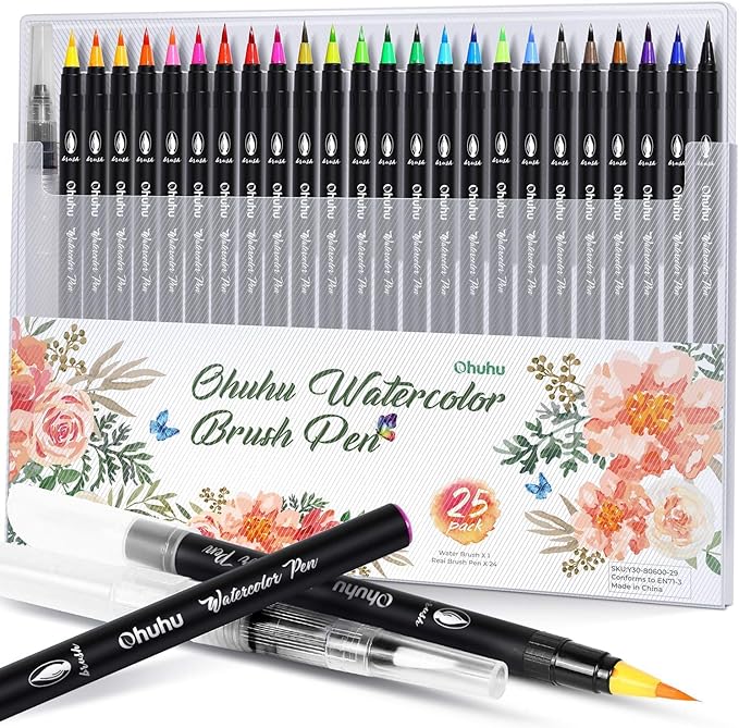 Professional Watercolor Brush Markers Pen 24 Colors of Ohuhu, Water Based Drawing Marker Brushes W/A Blending Aqua Pen, Water Soluble for Adult Coloring Books Comic Calligraphy