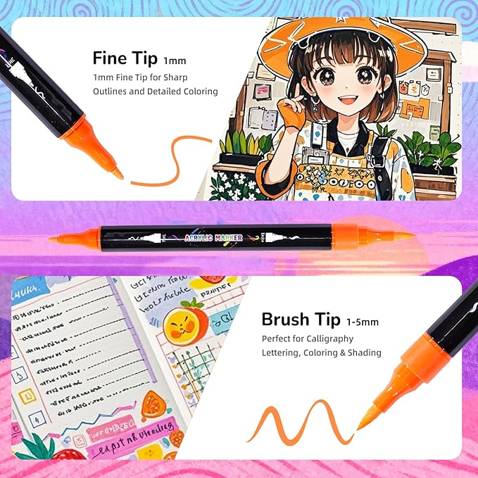 Acrylic Markers, 60 Dual-Tip Paint Pens for Rock Painting, Colouring Books, Mugs, Canvas Shoes, Metal, Scrapbooking - Quick Dry, Brush & Fine, Drawing Markers, Classrooms Must Have