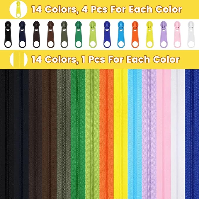 DOITEM 14 Colors Zippers by Yard, 3 mm Zipper 39 Meter 43.5 Yard Nylon Endless Zipper Set with Slider and Zipper