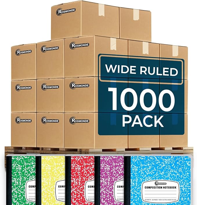 Rosmonde 1000 Pack (Pallet) Composition Notebooks Bulk, Wide Ruled, Pallet of Composition Notebooks, 200 Pages (100 Sheets), 9-3/4 x 7-1/2, Bulk Notebooks for School & Office, 4-7 Days Transit