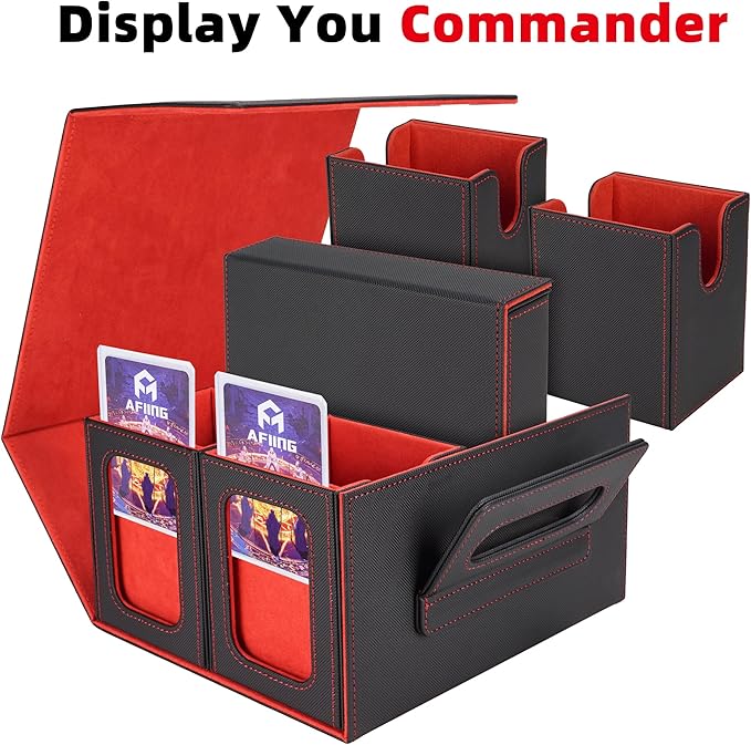 AFIING Commander Deck Box for MTG/EDH, Trading Card Storage Fits 400+ Double-Sleeved Cards, Display Window, 4 Removable Deck Cases, 8 Dividers, Dice Tray & Handle, 4 Toploader Holders (Black Red)