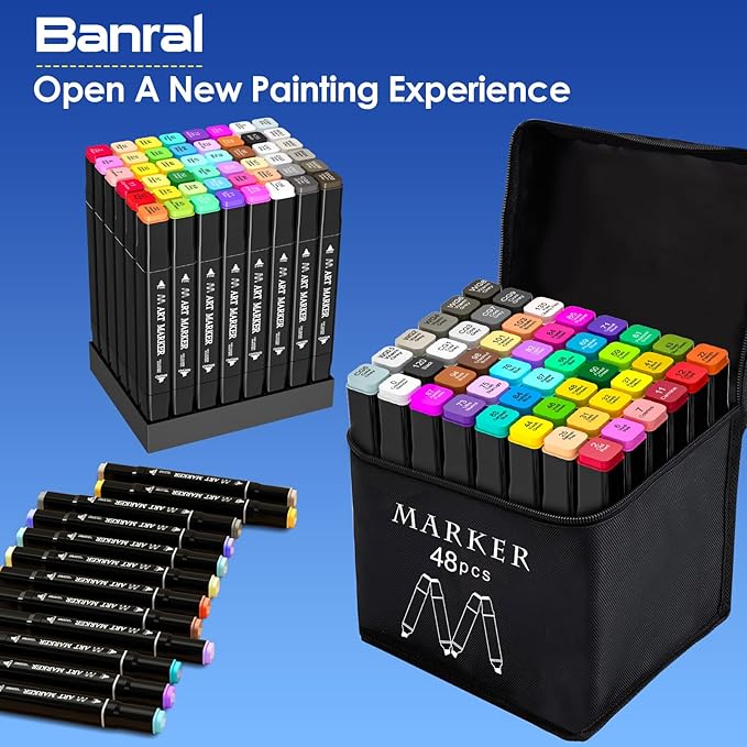 Banral 48 Colors Alcohol Markers Set, Dual Tip Alcohol Based Markers, Art Markers Pens for Artists Kids Adult Coloring, Permanent Illustration Sketch Markers for Drawing with Case and Holders