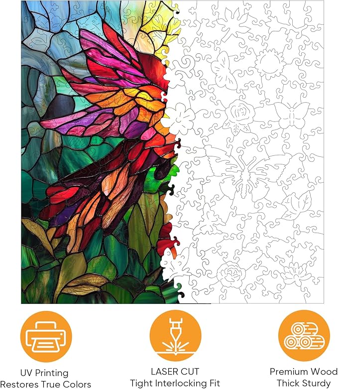 Wooden Puzzles for Adults, Stained Glass Puzzles 200 Pieces, Unique Shaped Hummingbird Jigsaw Puzzles for Adults and Kids, Birthday Gifts Fun Family Game 11.2'' x 11.2''