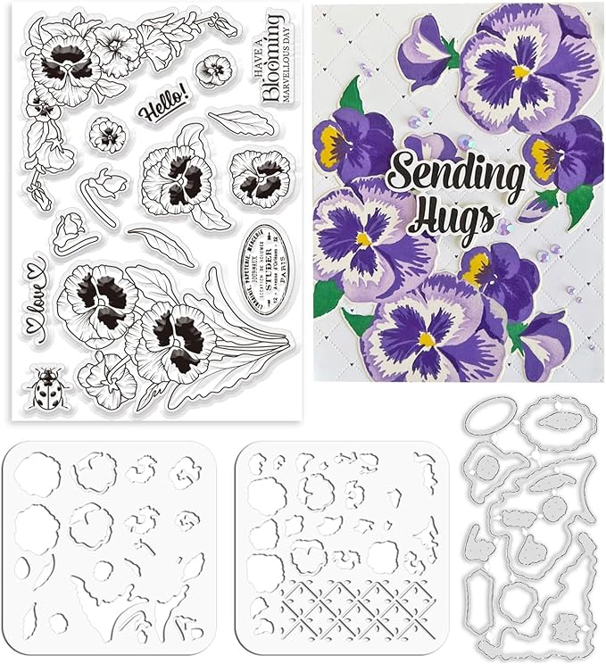 ORIGACH Realistic Pansy Stamps and Dies and Layering Coloring Stencil Set, Silicone Stamps Metal Die Cut and Flower Stencil Template for Card Making Scrapbooking DIY Crafting
