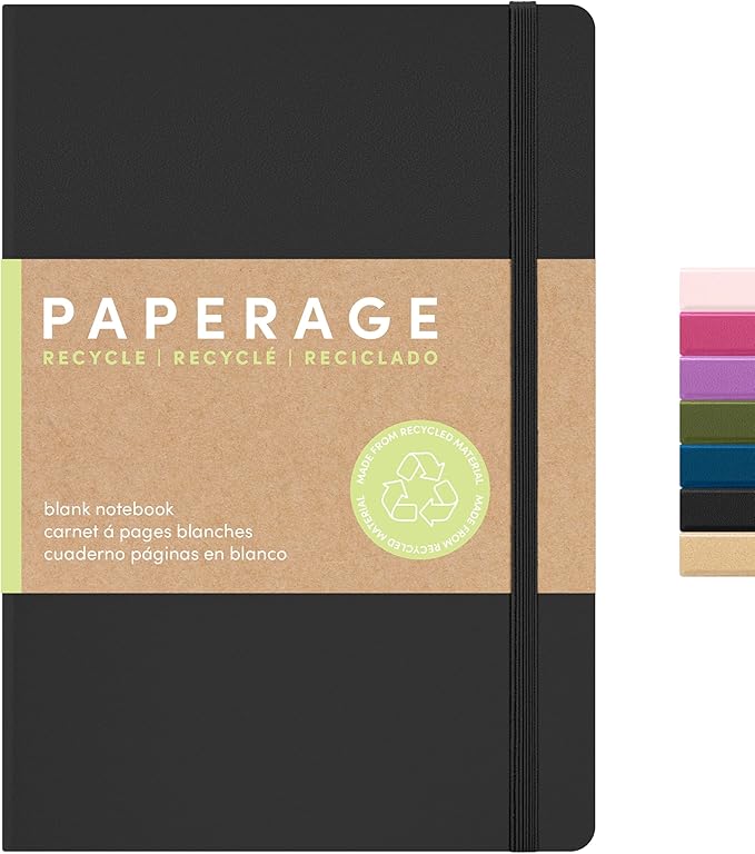 PAPERAGE Recycled Blank Journal Notebook, (Black), 160 Pages, Medium 5.6 in x 8 in - 100 GSM Thick Paper – Hardcover Journaling Notebook for Work, School, Note Taking or Sketching
