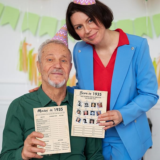 90th Birthday Party Games, Set of 5 Activities for 10 Guests, Born in 1935 Games Bundle, Birthday Party Supplies for Adults, Pack of 50 Cards
