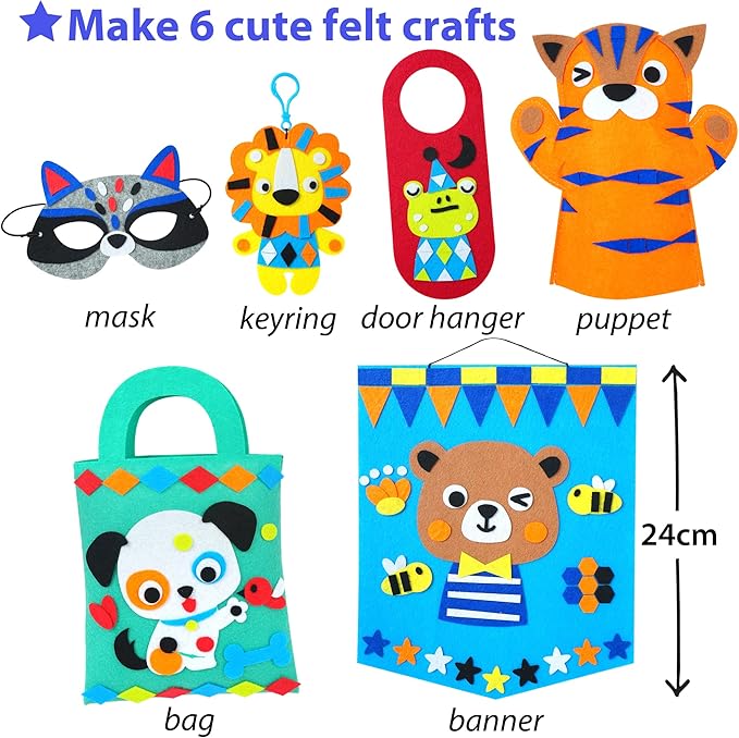 KRAFUN My First Felt Kit Animal Craft Kit for Kids and Toddlers, Boys and Girls Age 3-8 Years Old, Include 6 DIY Handmade Arts and Crafts Projects, Activities Supplies Box Preschool Creative Toys