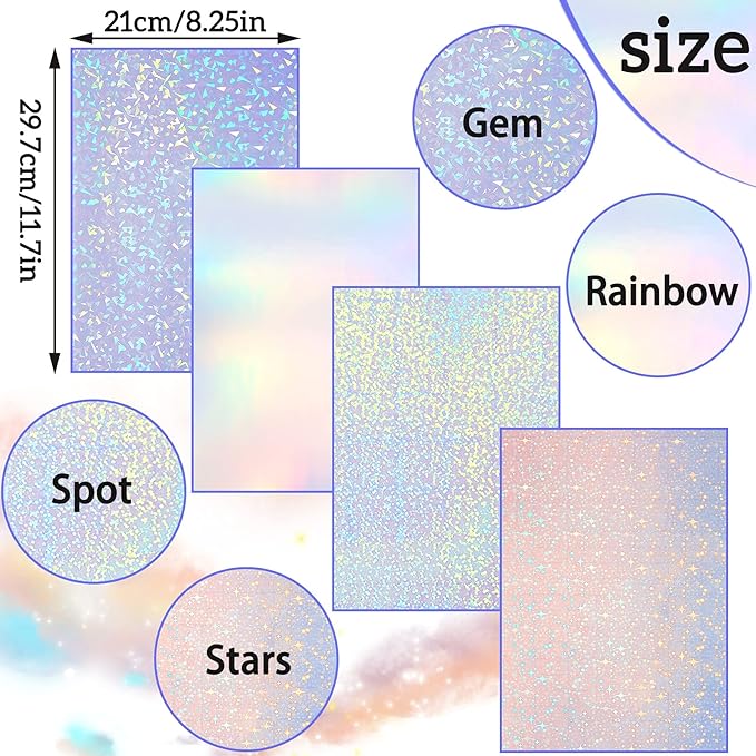 36 Sheets A4 Holographic Paper Sticker Transparent Waterproof Self Adhesive Film 11.7 x 8.3 Inches (Gem, Dot, Colorful, Star)