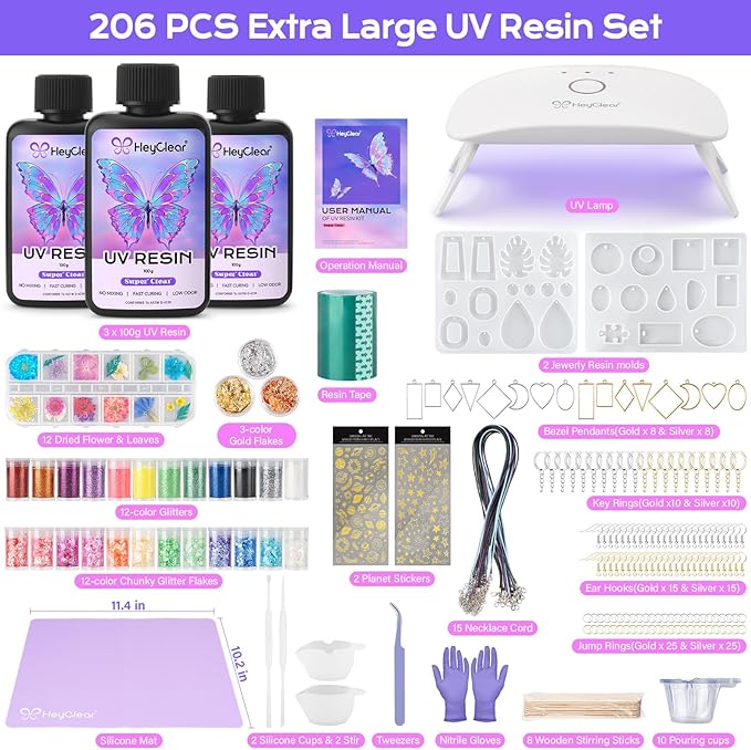 HeyClear UV Resin Kit with Molds and UV Light for Jewelry Making -300g Super Clear, Hard, Low Odor, Premixed and Fast Curing for Earrings, Craft Decorations, DIY Creation Gifts