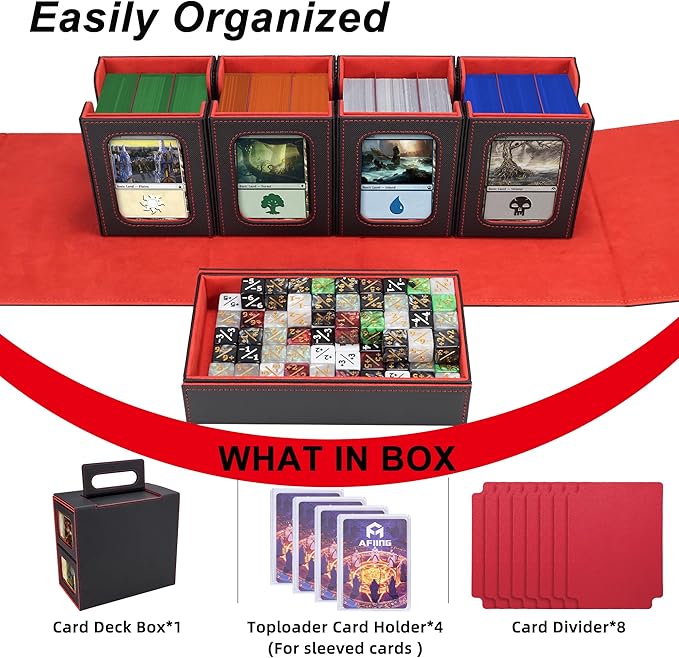 AFIING Commander Deck Box for MTG/EDH, Trading Card Storage Fits 400+ Double-Sleeved Cards, Display Window, 4 Removable Deck Cases, 8 Dividers, Dice Tray & Handle, 4 Toploader Holders (Black Red)