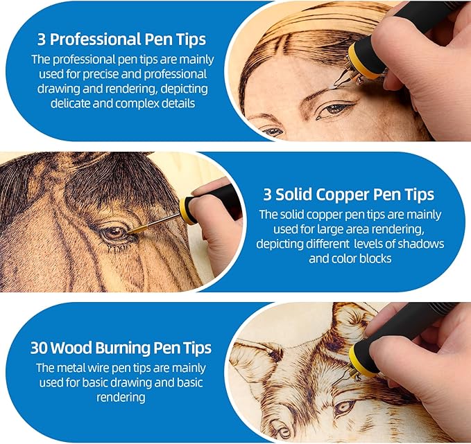 LH55-Z2-NS3 wood burning pen Wood Burning Tool Pen 200~750℃, Wood Burning kit with Digital Thermometer,3 pyrographic Wood Burning pens, 3 solid copper pen tips, 33 Wood Burning Pen Tips