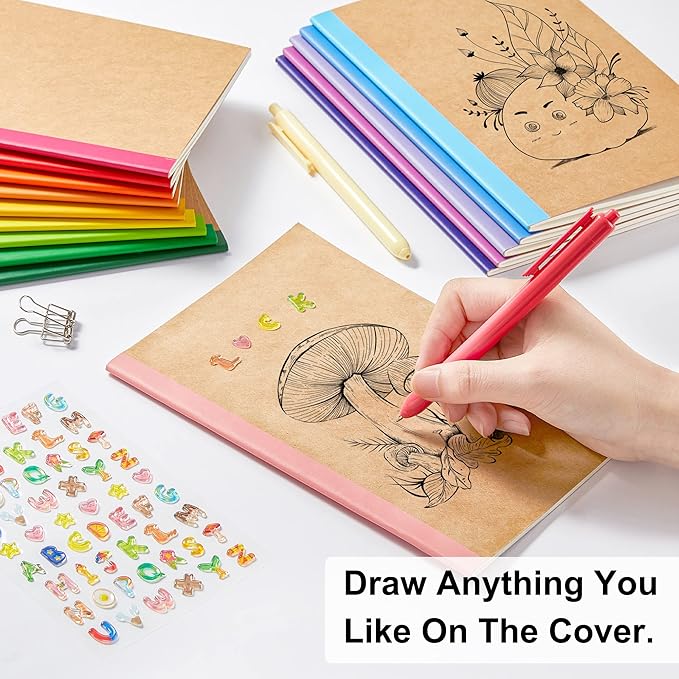 feela 48 Pack Composition Notebooks Bulk, Kraft Cover Lined Blank College Ruled Composition Travel Journals with Rainbow Spines For Women Students Business, 60 Pages, 8.3”x 5.5”, A5, 16 Colors