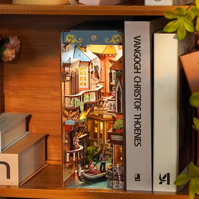 Tonecheer DIY Book Nook Kit for Adults, 3D Wooden Puzzle Bookend Miniature House Kit, Booknook Bookshelf Insert Decor with Dust Cover and LED Lights Gifts (Venetian Dreams)