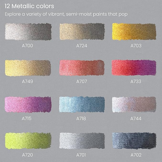 ARTEZA Watercolor Paint Set, 12 Metallic Watercolor Paints, Glitter Watercolor Paint in Half Pans, Travel Watercolor Set