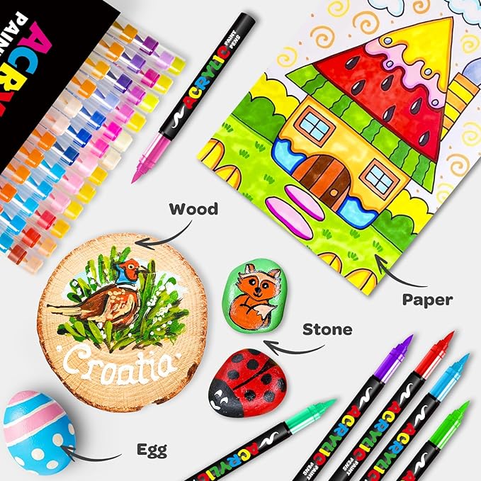 72 Colors Acrylic Paint Markers, Soft Brush Tip Pens and Markers, Water-Based Acrylic Paint Pens for Wood, Stone, Canvas, Glass, Fabric, Egg, Rock Painting and DIY Crafts Art Supplies