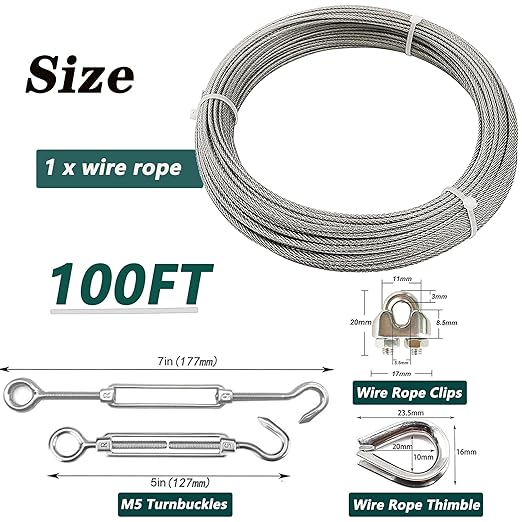1/8 Inch Stainless Steel Wire Rope Cable Kit,100 ft Length 1/8“ Wire Cable 7x7 Strands with Sleeves, Thimbles, Clips, for Climbing Plants, Deck Railing, Fencing, Outdoor Hanging