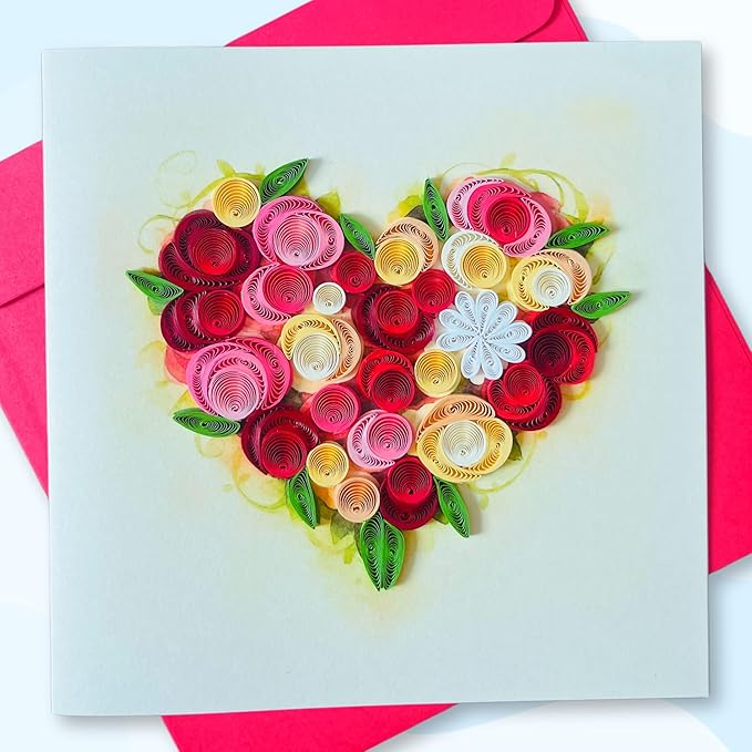 Quilling Cards, handmade card, quilled cards with Handmade Art Quilling birthday card for women, Birthday card, mother... colorful heart design (Flowers Heart 3)