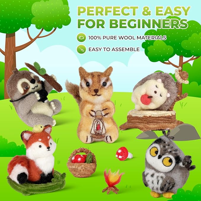 MOREJMTT Needle Felting Kit, 5 PCS Animal Needle Felting Beginner Kits, Wool Felt Needle Felting Tools Foam Pad, Craft Party Supplies for Beginners Adult(Forest Animals)