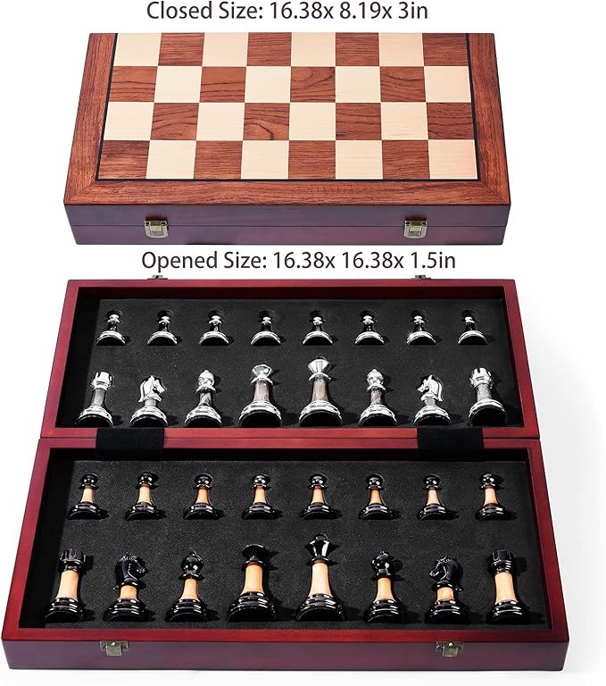 VAMSLOVE Chess Set Large 16''/42cm Folding Wooden Board with Deluxe Weighted Acrylic Chess Pieces - 3.5" King with Storage Slots for Adults House Warming Retirement Gift