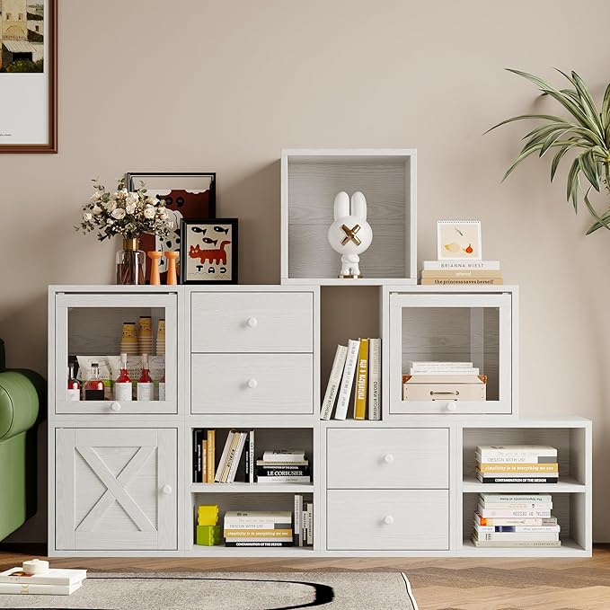 FUSUNBAO Magic DIY Cube Storage Organizer Stackable Cubes for Home Books Clothes Toy-Modular Cubby Storage System-Office Cubical-Bookcase Closet (French Oak,Drawer Cube)