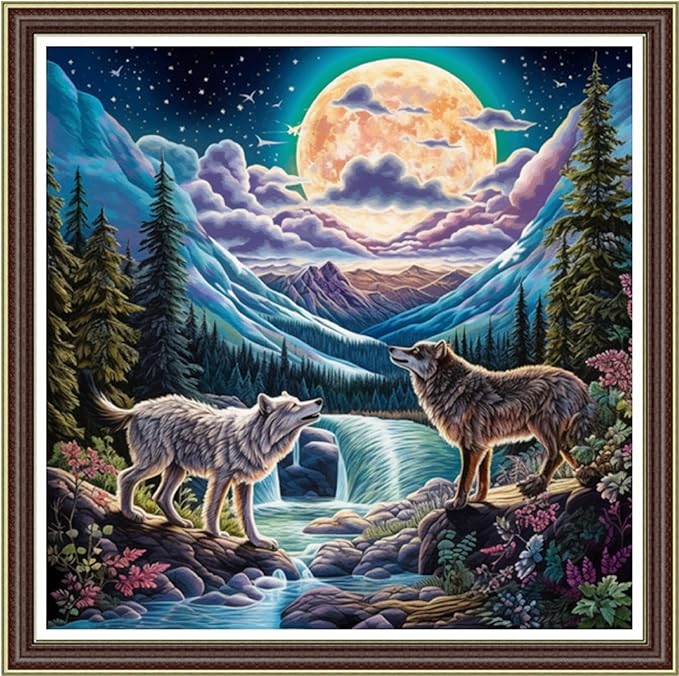 Foxhool Beginners Cross Stitch Kits Stamped Full Range of Embroidery Kits for Adults DIY Cross Stitches kit Embroidery Patterns for Needlepoint kit-Moonlight Wolf 17.7x17.7 inch