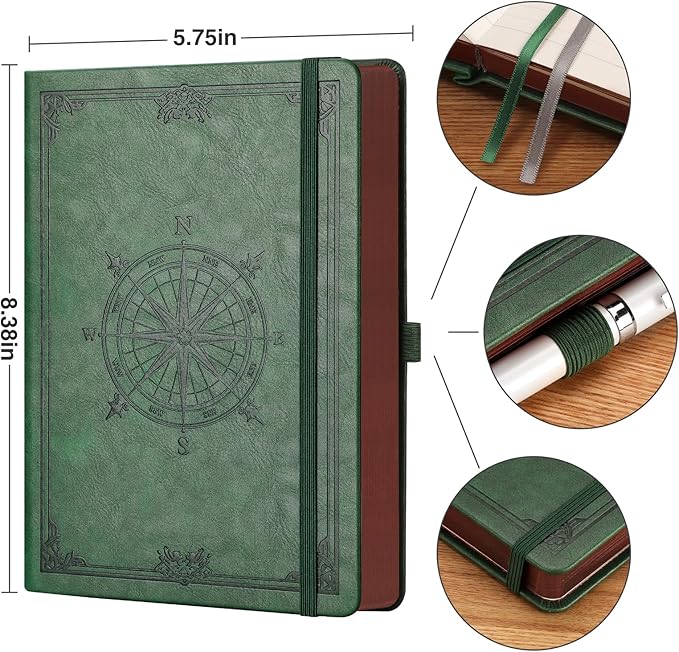 AHGXG Thick Journal Dotted Notebook for Men - 320 Numbered Pages A5 Notebook for Writing, 100gsm Dot Paper, Vintage Leather Hardcover, for Women Work Office School, 5.75'' X 8.38''- Dark Green