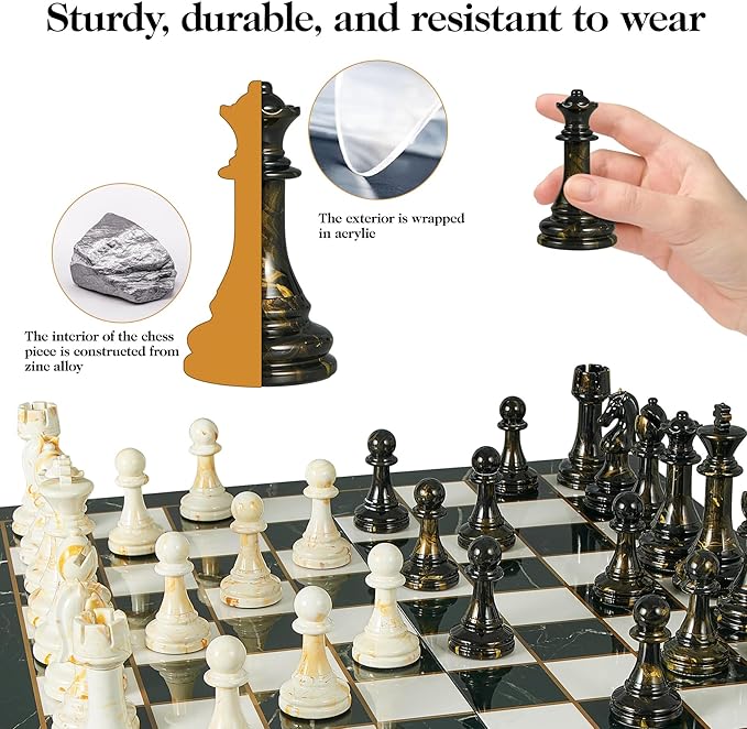 15" Large Chess Set for Adults- Weighted Acrylic Pieces Including Extra 2 Queens, 3.5" King w/Leather Base, Portable Folding Marbling Wooden Chess Board - Travel/Family Game & Elegant Gift