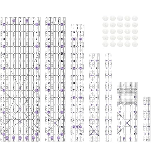 Quilting Ruler, 8 Piece Acrylic Quilting Templates, Sewing Ruler, Fabric Cutting Ruler with Non-Slip Rings, Quilting and Sewing (6"x17", 3"x17", 2"x16", 1.5"x12", 1"x12", 1"x6", 8"x3") (Purple)