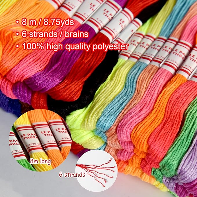 Embroidery Floss Rainbow Color 109 Skeins Per Pack Cross Stitch Threads Friendship Bracelets Floss Crafts Floss with 3 Weaved Plate（105 pcs Embroidery Floss +4 Metallic Embroidery Thread