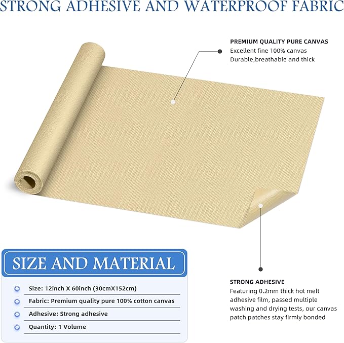 KING MOUNTAIN Canvas Iron on Patch,12"×60",Waterproof 100% Cotton Fabric Repair Patch,Used for Various Sofa,Tent,Clothes,Seats,Suitcases (Camel,Waterproof)