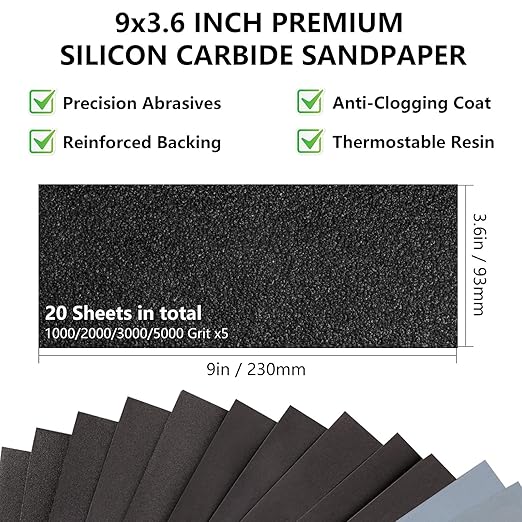 Fine Sandpaper Assortment 1000/2000/3000/5000 Grit, 20 Sheets, 9 x 3.6 Inch Wet Dry Sand Paper, Hand Sanding Sheets for Wood Metal Automotive Sanding and Polishing